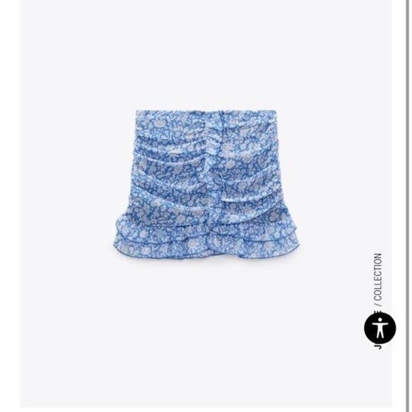 Zara Women’s Draped Floral Print Blue &  White Mini Ruffle Skirt - Picture 4 of 12